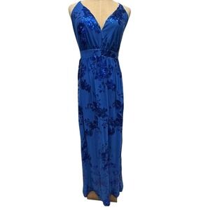 NWT! "LULUS" Blue Sequin Floral Maxi Dress Halter Back Slit Evening Formal Gown